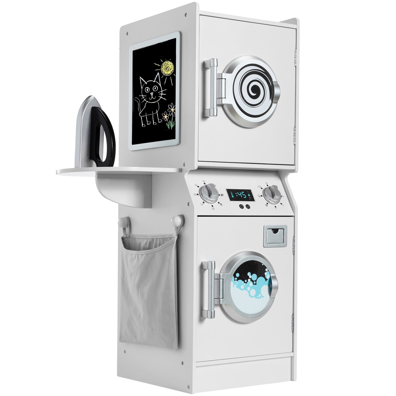 Best Choice Products Pretend Play Kids Wooden Stacked Washer & Dryer Set w/ Toy Laundry Storage and Accessories